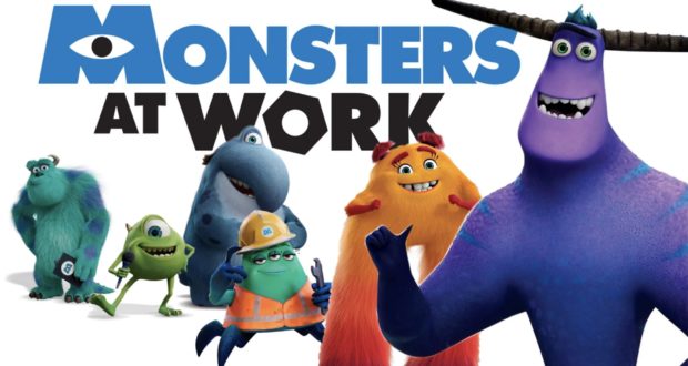 Beloved Monsters, Inc. characters gather in front of the "Monsters at Work" logo, grinning and waving to guests as if welcoming them into Monstropolis for a fun-filled workplace comedy adventure.