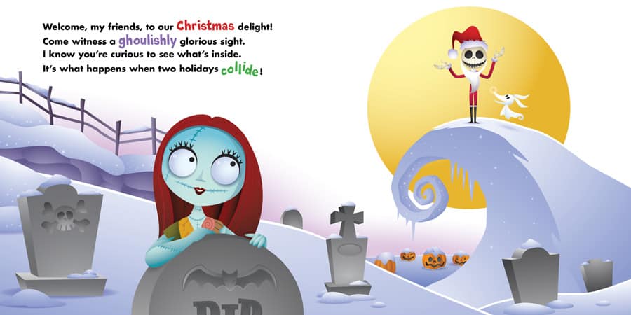 In a delightfully spooky theme park setting inspired by Nightmare Before Christmas, a cartoon girl explores a festive graveyard scene where a skeleton wearing a Santa hat stands atop a snowy hill under the bright sun. Surrounding Halloween decorations add to the holiday mash-up atmosphere, perfect for fans attending special 13 Days of Christmas celebrations in an immersive, storybook environment.