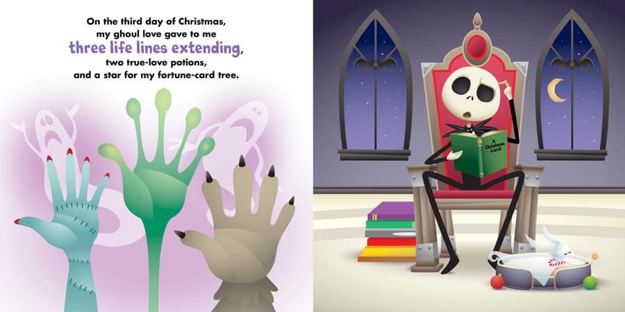 Three spooky monster hands reach up as Jack Skellington sits on a grand throne, reading a picture book, surrounded by stacks of colorful books and playful toys—capturing the whimsical Halloween Town vibe.
