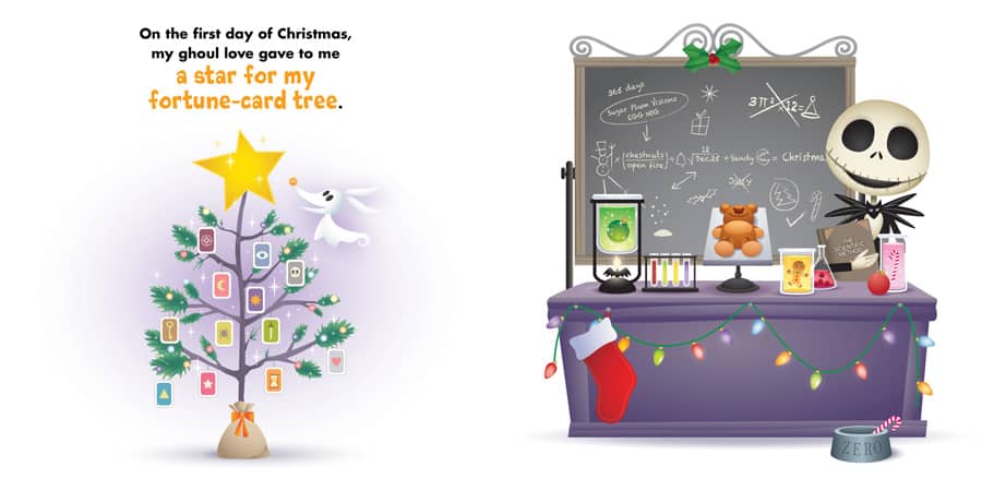 A Christmas tree topped with a glowing star and festive cards stands beside Dr. Finkelstein’s lab desk, complete with a chalkboard and Jack Skellington from The Nightmare Before Christmas, recreating a magical scene you’d find at Disneyland during the holiday season.