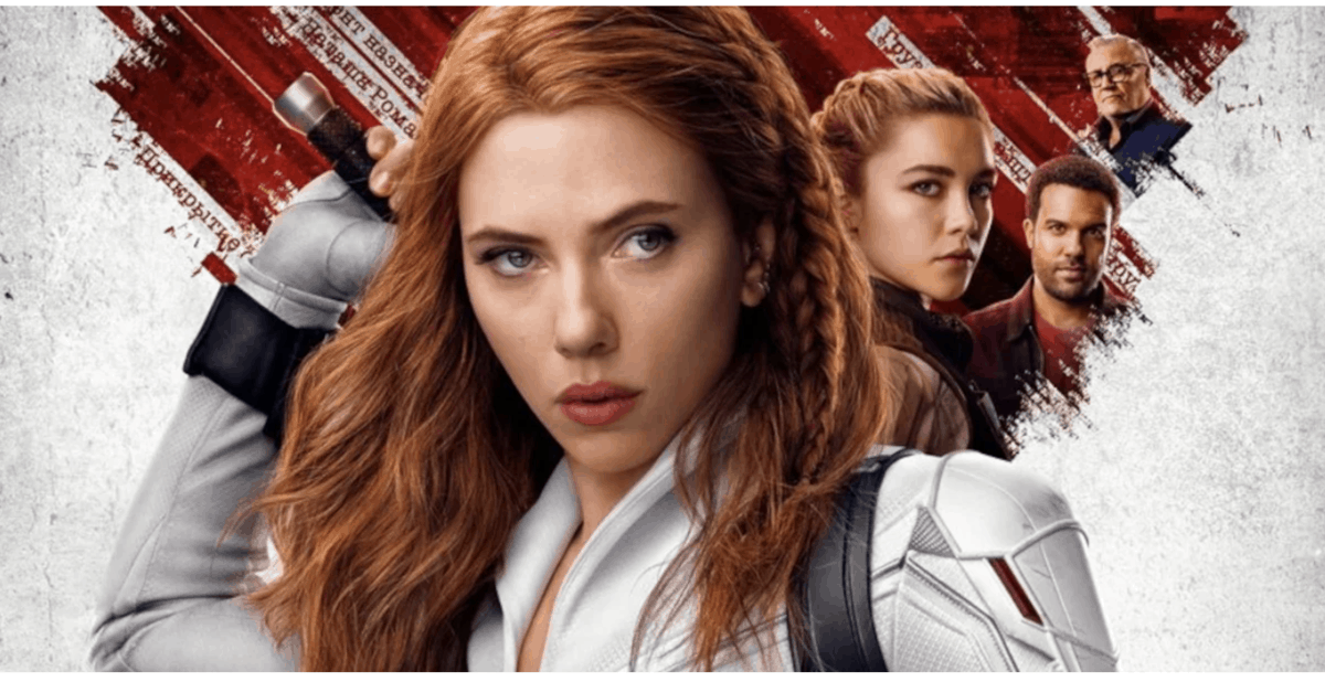 Black Widow, dressed in her signature white suit with striking red hair, stands ready for action with a weapon in hand; three fellow heroes stand behind her against a dynamic red backdrop inspired by the high-energy spectacle found in Disney’s Avengers experiences.