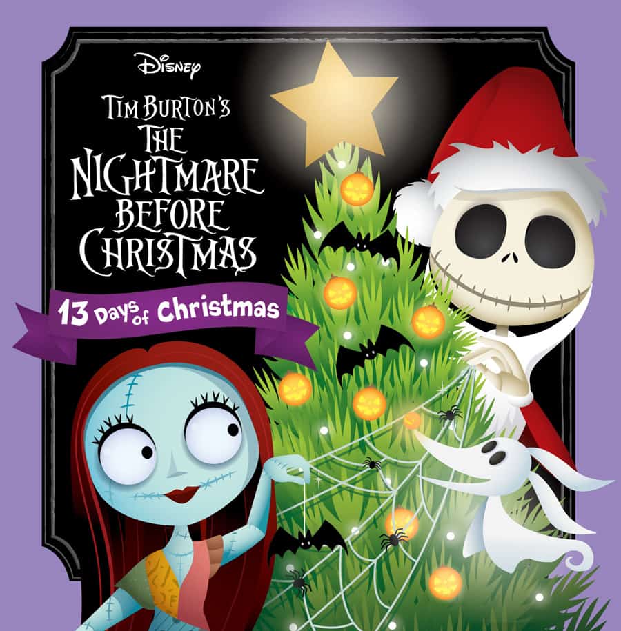 Jack Skellington and Sally pose beside a festively adorned Christmas tree with Zero at Disneyland, beneath The Nightmare Before Christmas sign, bringing the enchanting spirit of "13 Days of Christmas" to life for park guests.