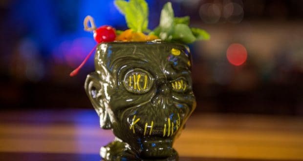 A shrunken zombie head drink.