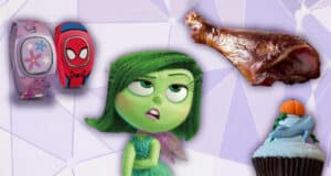 A collage inspired by Unpopular Disney World Opinions features a cartoon girl with green skin and hair, two colorful wristbands, a roasted turkey leg, and a blue cupcake topped with an orange pumpkin, all set against a purple geometric background.