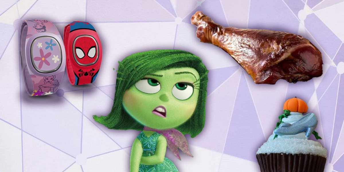 A collage inspired by Unpopular Disney World Opinions features a cartoon girl with green skin and hair, two colorful wristbands, a roasted turkey leg, and a blue cupcake topped with an orange pumpkin, all set against a purple geometric background.