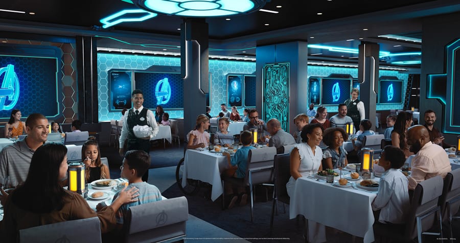 Families enjoy a meal in a cutting-edge Avengers-themed restaurant, featuring blue decor and attentive waitstaff, offering an immersive dining experience that rivals the innovative restaurants aboard the Disney Wish cruise ship—raising the bar for theme park culinary entertainment.