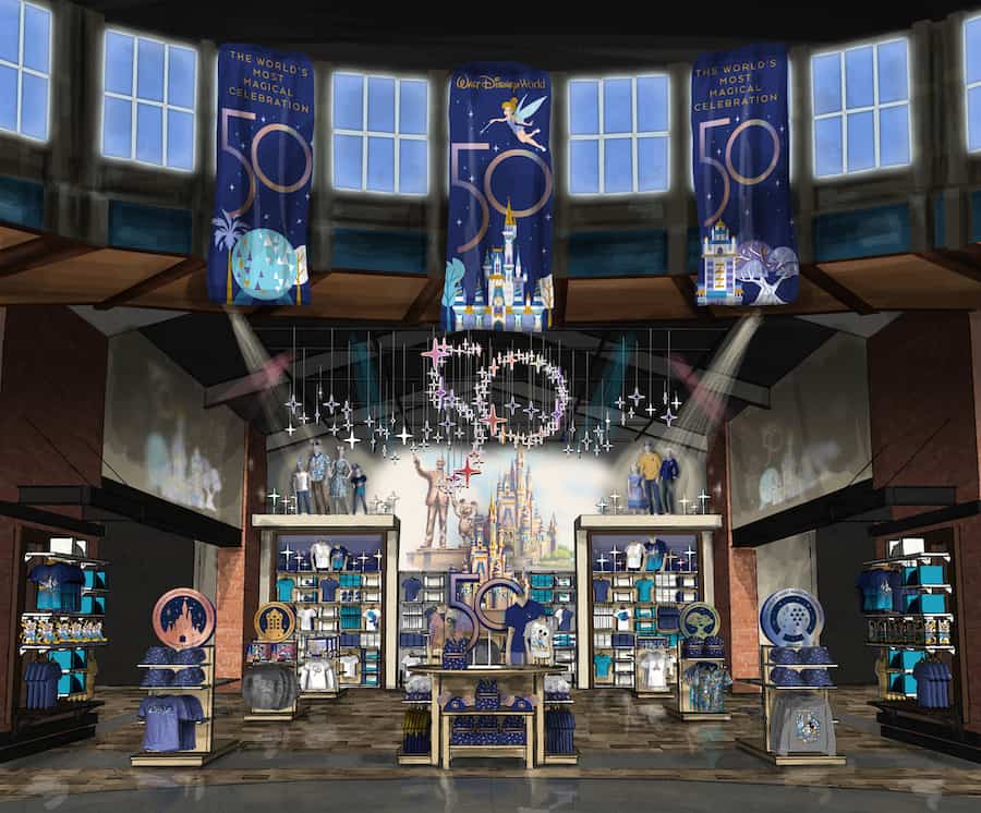 Disney Store decked out for Disney World’s 50th Anniversary, featuring celebratory banners, limited-edition 50th merchandise displays, and an eye-catching “50” centerpiece marking the resort’s golden milestone.