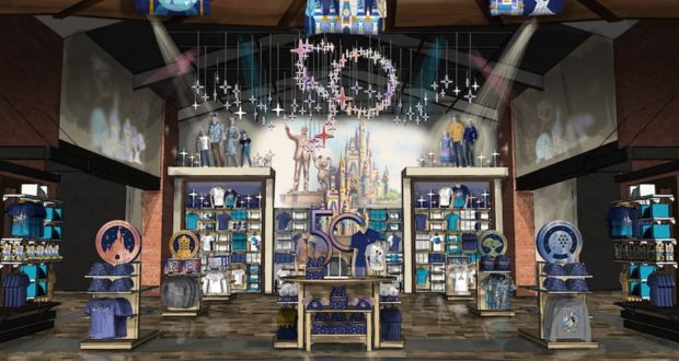 Step into a vibrant Disney World shop decked out with sparkling blue merchandise, a whimsical castle mural, and a glowing Mickey-shaped light fixture overhead. Eye-catching displays showcase exclusive Disney World 50th Anniversary items perfect for fans and collectors.