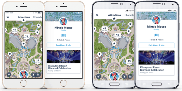 Two smartphones showcase the Disneyland app, featuring the iconic park map and Minnie Mouse’s profile screen, delivering insider Disneyland tips tailored for first-time park visitors or anyone eager to master Disney parks essentials.