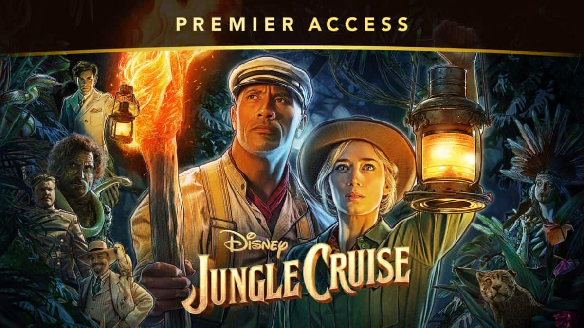 Adventurers from Disney’s Jungle Cruise grasp a torch and lantern as they trek through an immersive, jungle-themed setting, surrounded by animated wildlife and fellow explorers—capturing the spirit of the popular attraction and hit film that drew crowds with its Disney+ Premier Access debut and blockbuster opening.