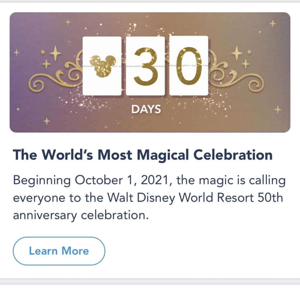 Shimmering gold “30 days” countdown calendar featuring a Mickey Mouse icon, playful stars, and swirling accents above a nod to Disney World’s 50th anniversary—a fun way to build anticipation for your park experience in the My Disney Experience App!.