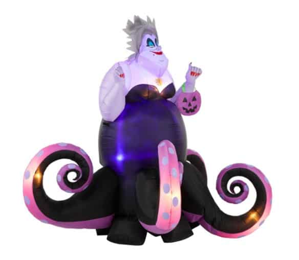 Bring home the magic of Ursula from Disney Parks with this inflatable Halloween decoration, showcasing the iconic sea witch’s striking purple tentacles, signature pumpkin trick-or-treat bag, and enchanting internal lights for a dazzling nighttime display.