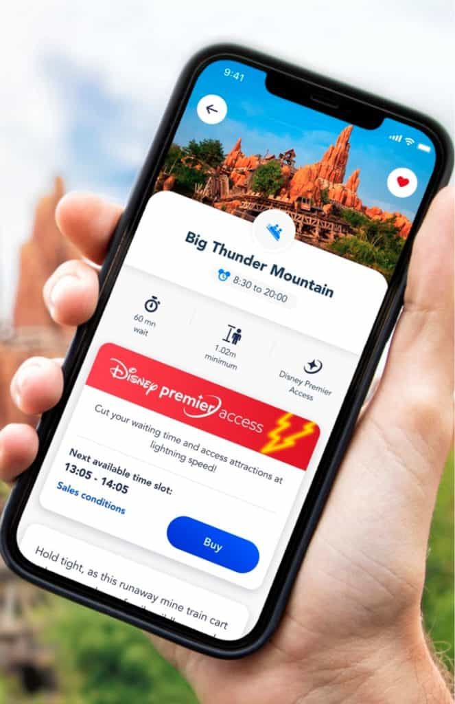 Smartphone screen featuring Big Thunder Mountain ride details and the Disney Premier Access ticket option, highlighting FastPass alternatives and up-to-date prices at Disneyland Paris for guests planning their perfect day in the park.