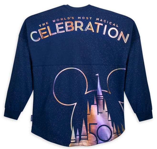 Navy shirt featuring “Celebration” text, iconic Mickey ears, a castle graphic, and a bold “50” emblem on the back—an ideal keepsake for Disney World fans eager to celebrate the WDW 50th Anniversary with shopDisney’s exclusive commemorative merchandise.