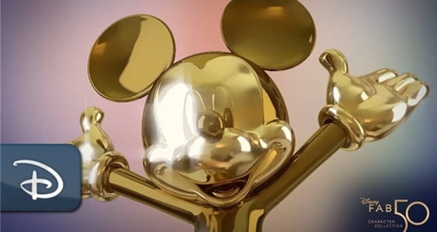 Mickey Mouse gleams in gold with arms raised high, featured as part of Disney World’s “FAB 50” character sculptures. The Disney logo and “FAB 50” text accent the corners, honoring beloved Disney magic for fans and visitors alike.
