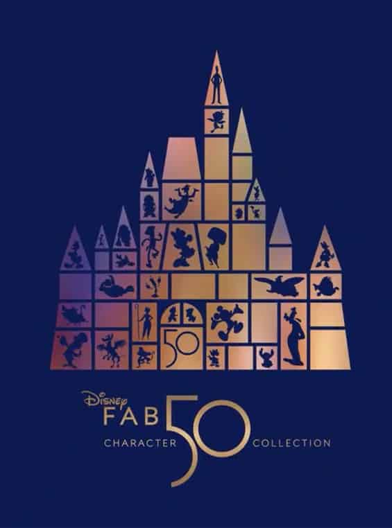A castle silhouette featuring beloved Disney character silhouettes like Minnie Mouse, with "Disney Fab 50 Character Collection" text below—an exciting tribute for Disney World guests and fans of the park’s magical experiences.