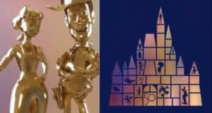 Golden Toy Story Duo figures stand to the left, while on the right a shimmering gold castle silhouette showcases Disney Fab 50 character outlines from Walt Disney World against a dramatic dark backdrop.
