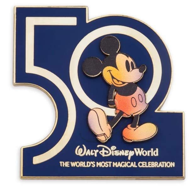 Mickey Mouse stands proudly in front of a giant blue "50" emblem with "Walt Disney World: The World's Most Magical Celebration" text, showcasing the exclusive 50th Anniversary merchandise available at shopDisney for fans celebrating Disney World’s milestone event.
