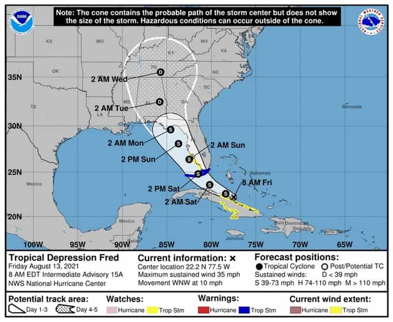 Weather forecast map tracks Tropical Depression Fred’s path sweeping across the Caribbean and heading for Central Florida, including the area around Orlando’s world-famous theme parks. Fred remains loosely organized as it approaches, keeping local attractions like Disney World and Universal Orlando vigilant as guests keep an eye on shifting storm updates.