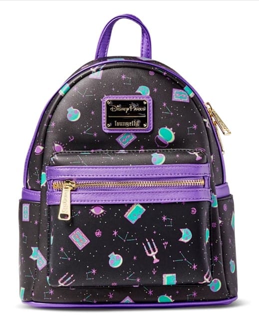 This sleek black mini backpack with vibrant purple zippers showcases Disney Villains emblems and accents, making it an ideal accessory for channeling your villainous side at Disneyland’s Halloween Time or during After Hours Boo Bash events.