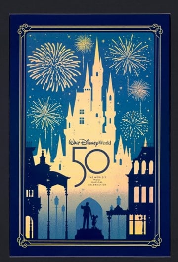 Commemorate Walt Disney World's 50th Anniversary with exclusive merchandise showcasing the iconic Cinderella Castle lit up by fireworks, a bold "50" emblem, and silhouettes of Magic Kingdom landmarks and the Partners statue, all set against a blue and gold backdrop—available only at shopDisney for dedicated fans.