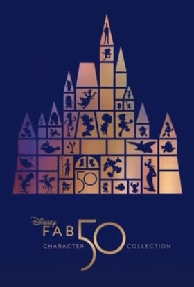 A golden castle silhouette showcases favorite Disney characters with “Disney Fab 50 Character Collection” displayed underneath, highlighting the magical sculptures found throughout Walt Disney World’s 50th anniversary celebration.
