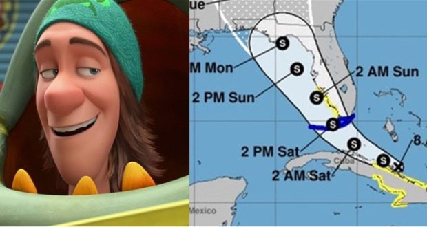 Goofy grinning beside a weather map displaying Hurricane Fred’s path curving westward over Central Florida, with theme park icons along the route.