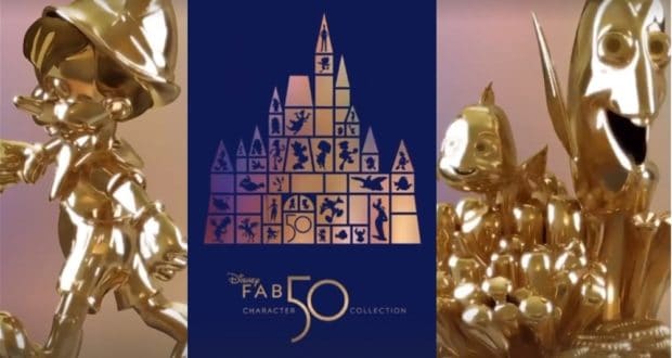 Golden sculptures of classic Disney characters on display next to a vibrant blue “Disney Fab 50 Character Collection” poster, featuring the silhouettes of favorite Disney icons—part of the magical celebration in the parks.