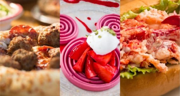 Mouthwatering Disney eats—pizza, a strawberry and cream dessert, and a classic lobster roll—sit side by side, capturing the excitement of favorite menu items waiting for guests as Disney restaurants reopen.