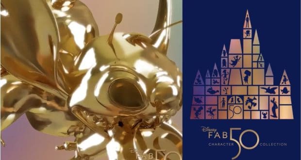 Golden statue of Stitch welcoming guests on the left; Disney Fab 50 Character Collection logo with beloved character silhouettes on the right, commemorating the wonder of Walt Disney World.
