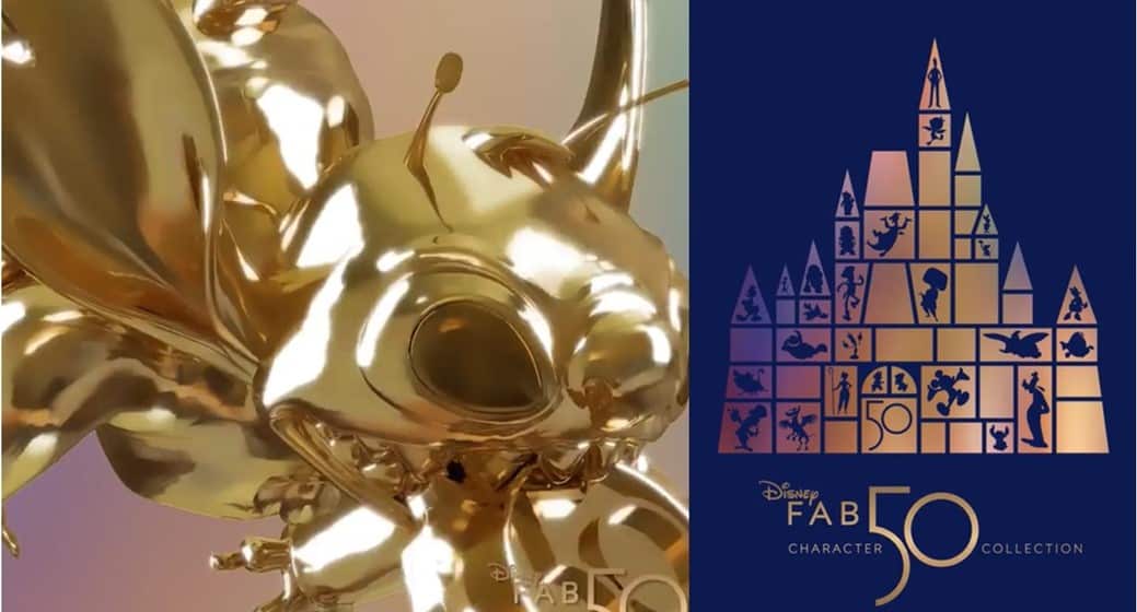 Golden statue of Stitch welcoming guests on the left; Disney Fab 50 Character Collection logo with beloved character silhouettes on the right, commemorating the wonder of Walt Disney World.