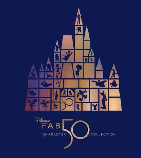 Gold silhouettes of beloved Disney characters and an iconic castle, announcing the Disney Fab 50 Character Collection—a magical unveiling of limited-edition sculptures that celebrates fan-favorite figures throughout the parks.