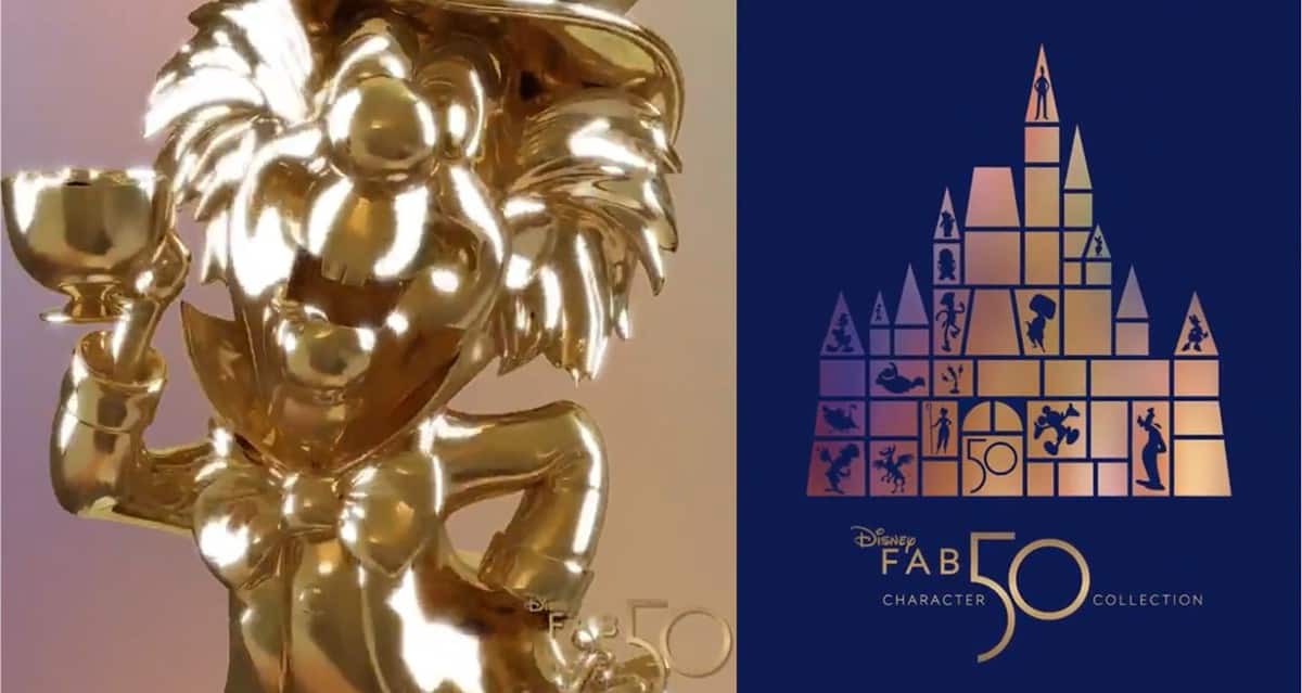 The golden Mad Hatter statue, cup in hand, stands beside the dazzling Disney Fab 50 Character Collection castle graphic at Walt Disney World.