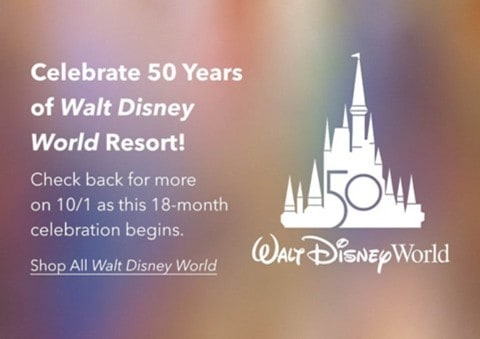 Celebrate 50 Years of Walt Disney World Resort! The iconic Cinderella Castle and shimmering “50” logo stand out on a pastel backdrop, inviting Disney fans to discover special edition WDW 50th Anniversary merchandise available now at shopDisney.
