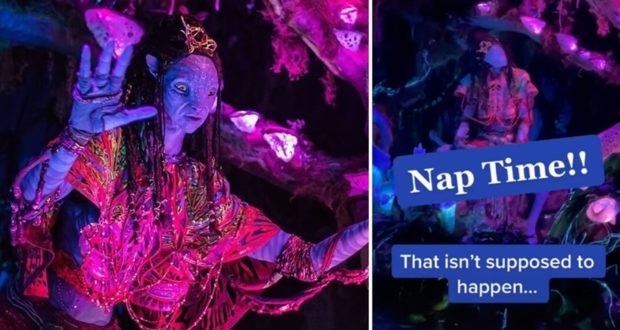 Animatronic Na’vi in Pandora – The World of Avatar’s glowing bioluminescent forest; on the right, the figure appears slumped over with a playful “Nap Time!!” message overlay.