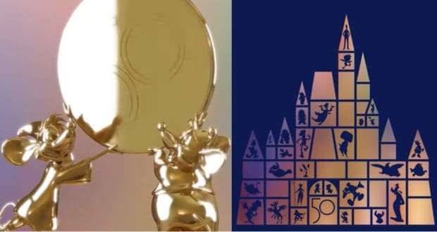 Two gold Mickey Mouse statues hold up a balloon, while on the right, familiar Disney character silhouettes form a castle with "50" at its base—an epic tribute to the Disney Fab 50 and beloved park sculptures celebrating 50 magical years.