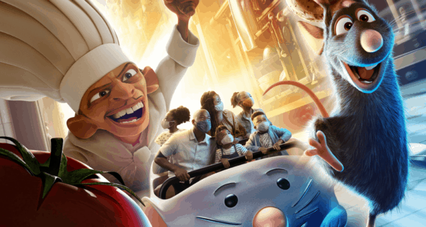 Remy, Linguini, a plump tomato, and a delighted family zoom through Remy’s Ratatouille Adventure ride vehicle inside EPCOT’s whimsical kitchen setting—capturing the colorful excitement and lively magic of the park’s newest attraction, complete with virtual queue immersion.