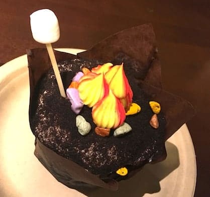 A chocolate cupcake styled like a Disney campfire, featuring vibrant icing flames, candy rocks, and a marshmallow on a stick—one of Walt Disney World’s most magical chocolate-inspired desserts.