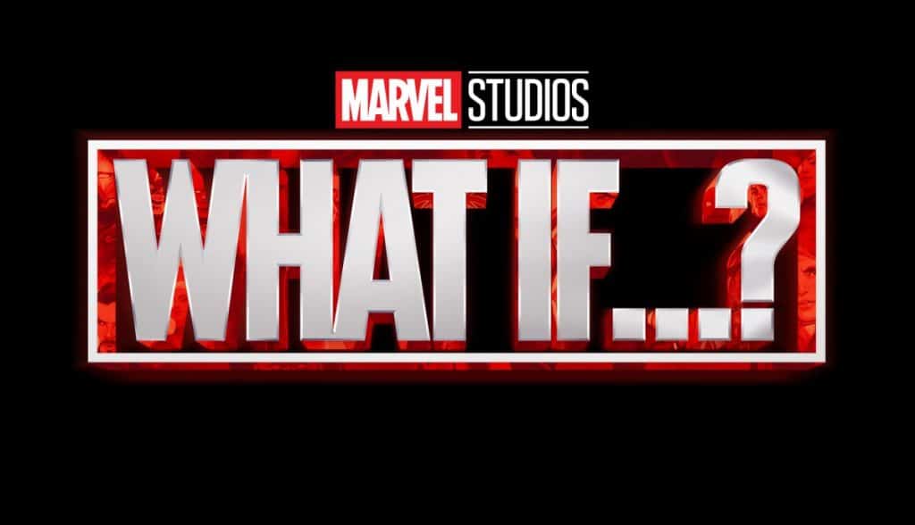 Marvel Studios "What If...?" logo in striking white and red letters pops against a black background, capturing the excitement of the animated series that's brought to life by Marvel Cinematic Universe stars—perfect for fans at Avengers Campus or visitors experiencing Marvel-themed attractions.