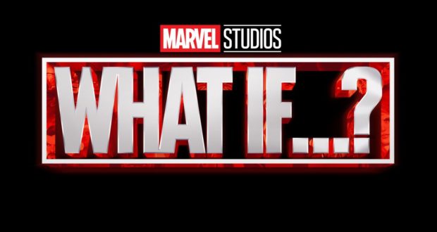 The Marvel Studios "What If...?" logo in bold lettering shines against a dynamic red and black backdrop, evoking the excitement and adventure of the Marvel universe, just like stepping into a thrilling new attraction at a Disney theme park.