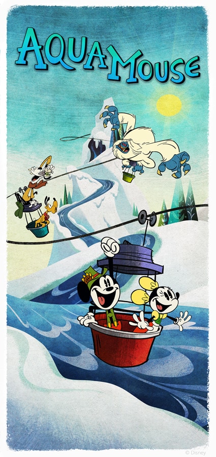 Mickey and Minnie soar above snowy mountains in a vibrant red gondola on the Aquamouse attraction aboard Disney Wish, while Goofy frantically escapes a pursuing yeti. The bold "AQUAMOUSE" signage adds excitement, showcasing this signature Disney Cruise Line adventure designed for fans of immersive themed entertainment.