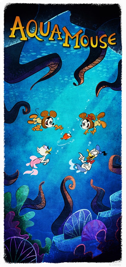 Mickey, Minnie, Daisy, and Donald bring the thrills of Disney Wish’s AquaMouse attraction to life as they dive beneath the waves in full scuba gear, weaving through vibrant seaweed and swirling tentacles—an underwater adventure straight from Disney Cruise Line’s family entertainment.