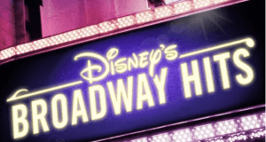 A dazzling marquee sign lit up in Disney's signature yellow lights announces "Disney's Broadway Hits" against a vibrant purple backdrop, inviting fans of magical stage shows—just like those at the parks—to celebrate these spectacular Royal Albert Hall performances now available to stream on Disney+.