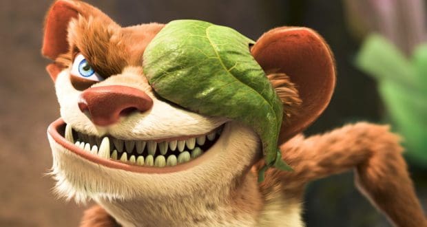 A playful Ice Age-inspired animated creature with sharp teeth and a green leaf covering one eye grins mischievously, inviting guests to join the fun of Disney+ adventures.