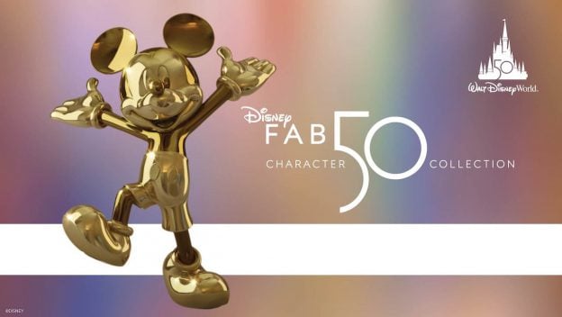 Golden Mickey Mouse statue gleams atop a bold white stripe, framed by the “Disney Fab 50 Character Collection” text and the iconic castle logo—spotlighting the enchanting Fab 50 sculptures that capture magical Disney World moments and behind-the-scenes wonder.