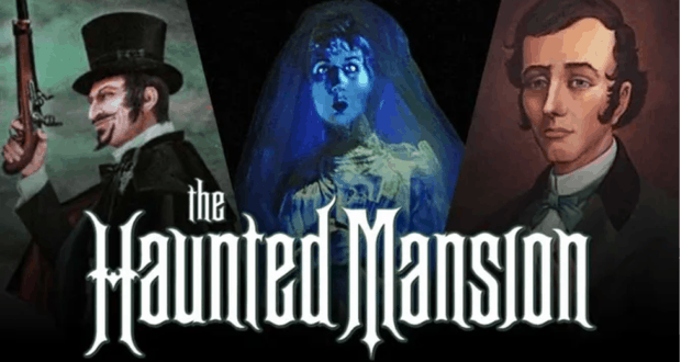 Three spooky characters welcome guests alongside “The Haunted Mansion” in bold white gothic script, capturing the eerie excitement of this legendary Disney Parks attraction.