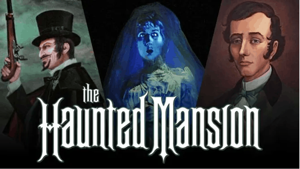 Three spooky characters welcome guests alongside “The Haunted Mansion” in bold white gothic script, capturing the eerie excitement of this legendary Disney Parks attraction.
