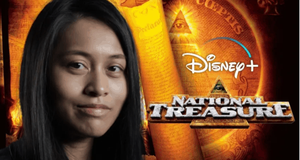 Guest beaming with excitement in front of the Disney+ National Treasure logo, surrounded by iconic historical symbols, channeling the adventurous vibe inspired by Maura Milan.