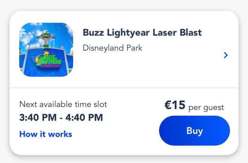 Exclusive Buzz Lightyear Laser Blast ticket at Disneyland Paris for just €15 per guest, includes Paid FastPass access for the 3:40–4:40 PM window. Enjoy VIP pricing and skip the regular lines in Disneyland Park for this out-of-this-world adventure.