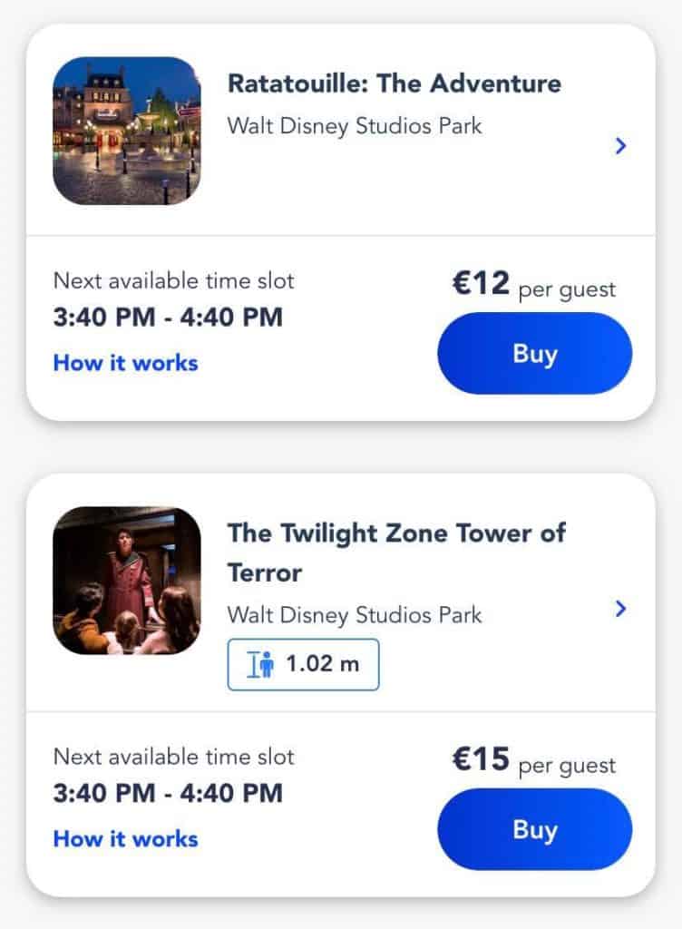 Disneyland Paris digital cards for Ratatouille and Tower of Terror showcase FastPass options with prominently displayed return times, ticket prices, and easy-to-use purchase buttons for seamless ride reservations.